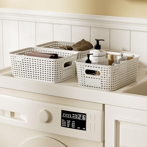 Small 5 Quart Plastic Storage Bin with Bamboo Lid, Stackable Decorative Storage Basket Box Containers with Label for Organizing Shelves Desktop Office Bedroom Dorm Classroom, White 6 Pack - Image 6