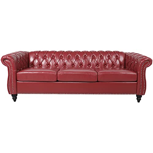 Image of ORRD Chesterfield Sofa Leather, Modern PU Tufted Couch 3 Seater with Rolled Arms and Nailhead for Living Room, Bedroom, Office, Apartment (Burgundy)