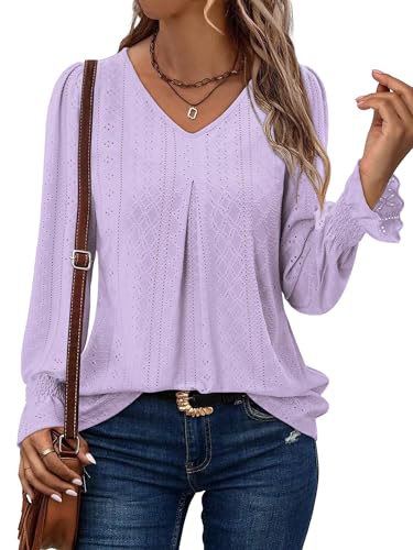 KISSMODA Long Sleeve Fall Shirts For Women V Neck Tunic Tops Embroidered Button Down Knitted Blouses 2025