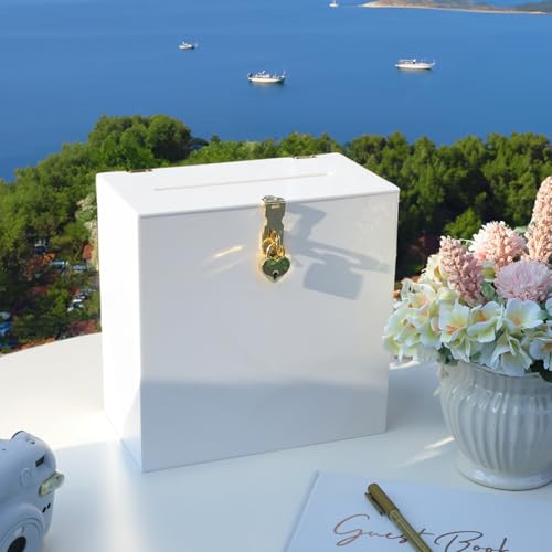 Image of UNIQOOO White & Gold Heart Lock Acrylic Card Box, Modern DIY Wedding & Occasion Box, 10x10x5.5 inches