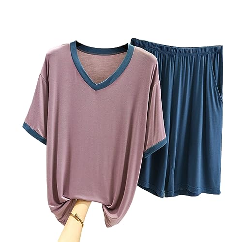 2-Piece Mens Shorts Pajama Sets Summer V-Neck Short Sleeve Shorts Pjs Set with Henley Top 4XL-6XL