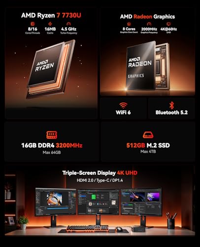 Image of KAMRUI E3B Mini Gaming PC, Mini PC AMD Ryzen 7 7730U (Beat Ryzen 7 5825U, Max 4.5GHz 8C /16T) Micro Desktop Computers 16GB RAM 512GB SSD, WiFi 6, BT5.2, Triple Display 4K@60Hz for Office Home