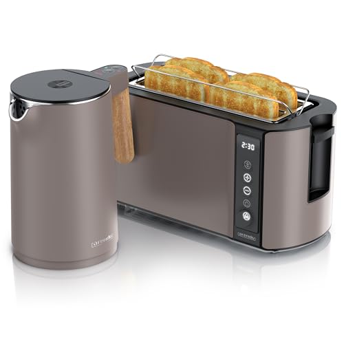 Arendo - Küchen Set - Edelstahl Wasserkocher mit Temperatureinstellung - Edelstahl Toaster Langschlitz 4 Scheiben Touchpanel – LED Display – Brötchenhalter - GS - Taupe Arendo - Küchen Set - Edelstahl Wasserkocher mit Temperatureinstellung - Edelstahl Toaster Langschlitz 4 Scheiben Touchpanel – LED Display – Brötchenhalter - GS - Taupe