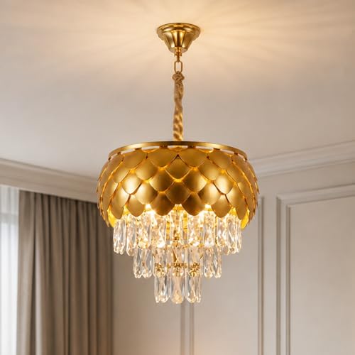 Image of Desidiya Golden Crystal Chandelier 400MM 3-Tier LED Ceiling Light | Luxury pineapple-inspired golden chandelier with premium K9 crystal droplets for elegant modern interiors.