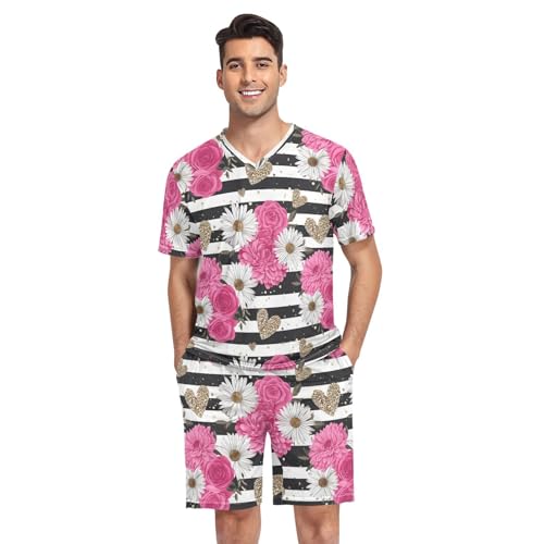 GAIREG Conjunto de pantalones cortos de pijama para hombre, diseño de rayas blancas y negras con margaritas rosas, ropa de dormir suave de verano para descansar, talla S, Rayas blancas y negras con
