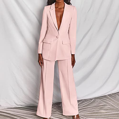Wodceeke Suits For Women Office Professional Long Sleeve Blazer Jacket And Floor-Length Wide Leg Pants Casual Business Sets Pink #TOP3