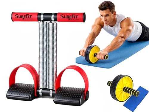 Image of SUREFIT Double Spring Tummy Trimmer with Comfortable Foam Grip Handle & Ab Roller Wheel Combo for Men & Women | Home Workout Fitness Kit for Abs, Arms & Core Training (Maroon)