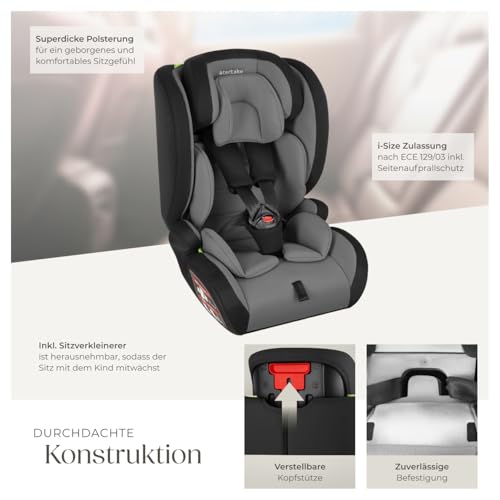 tectake® Autositz mit 5-Punkt-Gurt, i-Size Zulassung, mit Seitenaufprallschutz, Kindersitz Sitzerhöhung für Kinder von 76-150 cm, bis 36 kg, Kindersitzerhöhung, ohne Isofix - dunkelgrau/schwarz