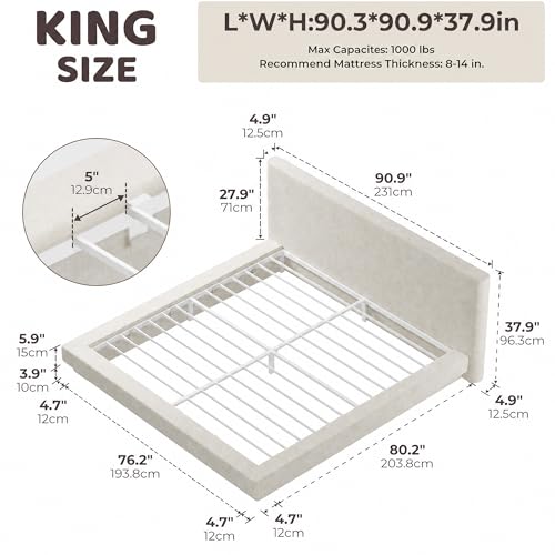Image of RECCI AirFrame Cloud King Upholstered Bed Frame with Extra Wide Headboard, 5 Inch Foam Fully Cushioned Platform, Easy Assembly, No Box Spring Needed
