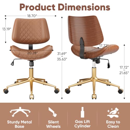 Image of Home Office Desk Chair with Swivel Wheels, Mid-Century Modern PU Leather Armless Office Chair, Small Mid Back Computer Chair for Home Office, Meeting Room