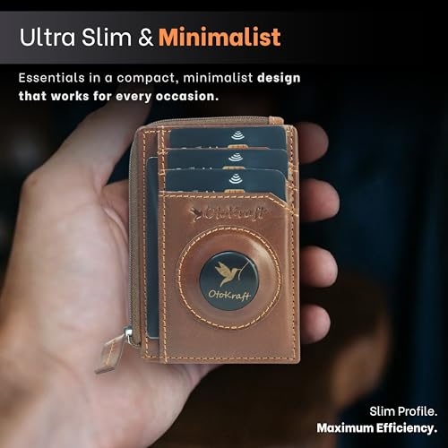AirTag Wallet for Men – RFID Blocking Slim Leather Wallet with Built-in AirTag Holder, Holds 6 Cards, Zipper Coin Pocket, 1 ID Window, Minimalist Front Pocket Wallet – Full Grain Leather3