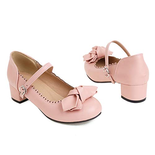 KIKIVIVI Womens Mary Jane Pumps Mid Block Heel Ankle Strap Shoes with Bow3