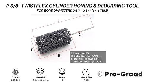 Image of 2-5 /8 inch 240 Grit Silicon Carbide TwistFlex Cylinder Hone, Fits 2.51 inch- 2.64 inch | Flexible Cylinder Honing, Deburring, Cross-Hatch Finishing Tool for Mild Steel, Stainless, Cast Iron, Softer Ferrous Metals