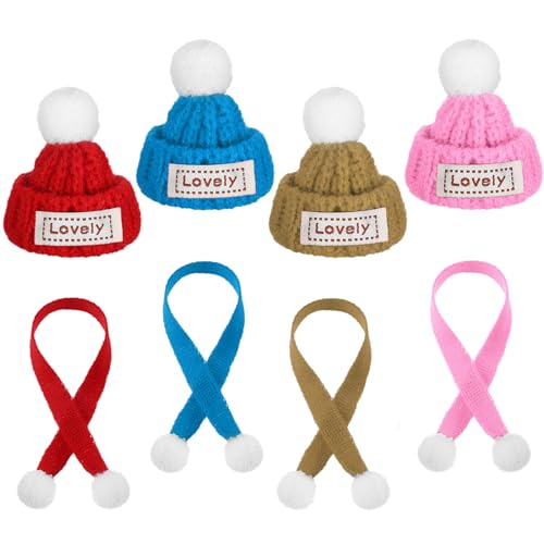 Geyoga 8 Pcs Mini Knit Doll Hats and Scarves Decor Mini Santa Hat for Craft DIY for Valentine‘s Day Winter Wine Bottle Gifts(Classic Color,Classic)
