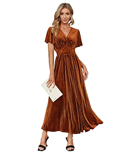 Simplee Women’s Short Sleeve Velvet Maxi Dress V Neck Formal Dress(L Earthy Orange)