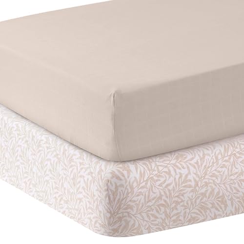 Image of MOZAH Organic Muslin Crib Sheets, Soft and Breathable Bedding for Baby Girls or Boys, Snug Fitted Sheet for Standard Cribs & Toddler Mattresses, 2 Pack, Beige and Beige Leaves