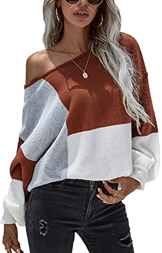 Image of ECOWISH Women Sweater Long Sleeve Color Block Knit Pullover Sweaters Crew Neck Patchwork Casual Loose Jumper Tops