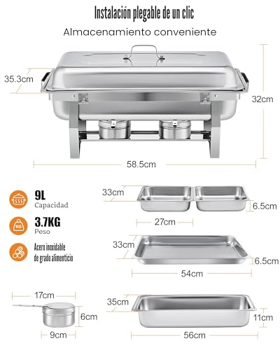 Chafing Dish 9L con 2 recipientes de acero inoxidable para calentar buffet 4