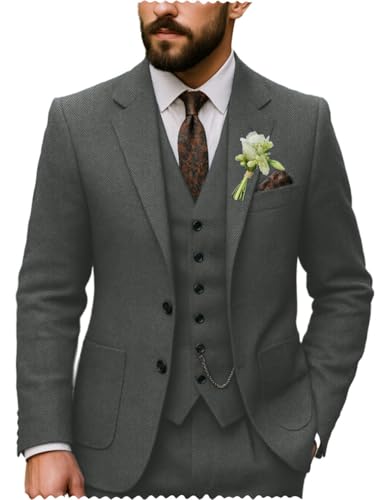 Men's Tweed Herringbone Slim Fit Suit 3 Piece Blazer Vest Pants for Wedding Grooms3