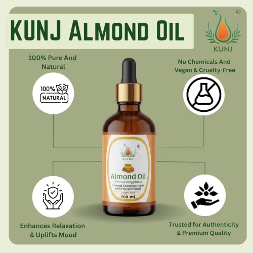 Image of KUNJ Almond Oil (Prunus Amygdalus) 100ML - 100% Pure & Natural, Cold Pressed, Undiluted Carrier Oil for Face Glow, Skin Moisturizing, Hair Nourishment, Body Care & Aromatherapy Massage