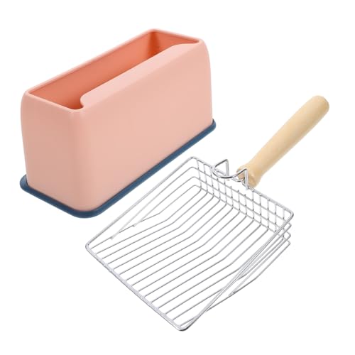 ROMISBABA Pala para Arenero Gatos Inoxidable con Mango Ergonómico Malla Antideslizante para Limpieza Rápida Arenero Incluye Soporte Rosa con Base de Madera