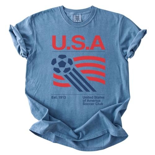 FITIN USA Retro Soccer Club Garment-Dyed T-Shirt Soccer Club Graphic Tee USA Sports Fan Design Game Day T-Shirt (US Alpha Medium Regular Regular Blue Jean)