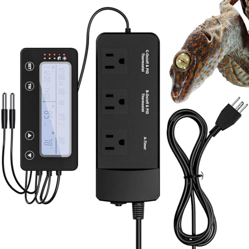 SUKEOPET Reptile Temperature Controller with Timer, PID Reptile Digital Thermostat, 3-Channel Thermometer Hygrometer w/Memory, 2 IN 1 Day Night Temperature Humidity Gauge for Heat Lamp Heat Mat Fogger