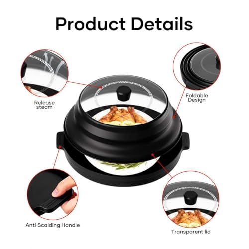2 in 1 Microwave Splatter Cover for Food with Anti-scald Base Plate, Large Plastic & Silicone Collapsible Vented Food Guard Lid, Plate Holder & Kitchen Colander (Black) — view 4