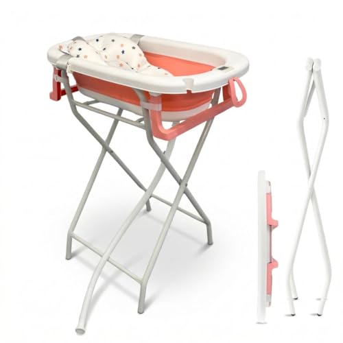 BATHBY Bañera de Bebé con Cojín Reductor, Termómeto y Soporte Plegable | Pack Completo para Recién Nacidos | Bañera Ligera, Segura y Compacta | Soporte Elevado Estable y Fácil de Guardar (Rosa)