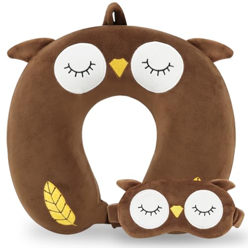 Image of Travel Pillow, Kids Travel Pillow with Sleep Eye Mask Soft Memory Foam Kids Neck Pillow for Boys & Girls, Travel Accessories for Car Airplane Traveling - Owl