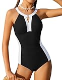Oranchids Girls Swimsuits Size 14-16 Teen Swimsuits for Girls One Piece Swimsuits High Neck Bathing Suit Color Block Modest Swimwear Criss Cross Straps Tie Back Black White