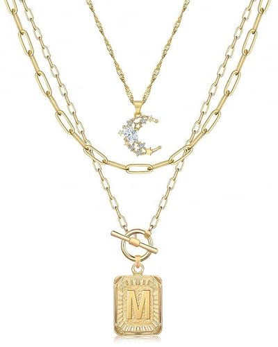 MJartoria Layered Initial Necklaces for Women Trendy, 14K Gold Plated Simple Moon Choker Square Letter Pendant Necklace, Paperclip Chain Necklace, Gold Necklaces Jewelry Gifts