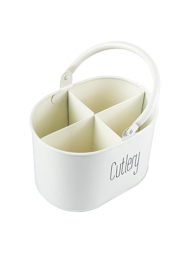 Image of D&G Homes Metal Cutlery Holder | Stainless Steel Spoon & Fork Stand | Multi-Compartment Organizer | Rust-Resistant | Compact & Stylish | Kitchen & Dining Table Use | Easy to Clean | 17x12x10cm | Ivory