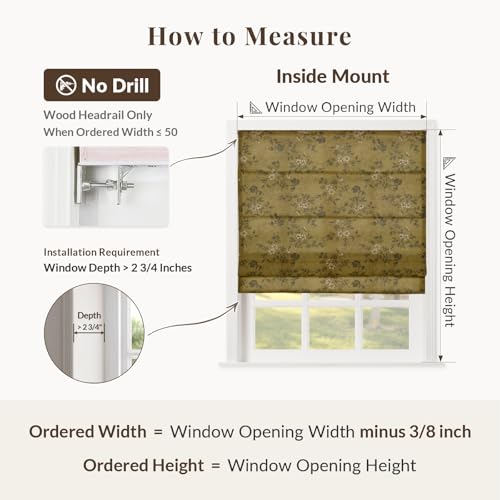 Image of TWOPAGES No Drill Cordless Vintage Floral Print Roman Shades Linen Textured Roman Blinds for Windows, Custom Made Room Darkening Light Filtering Roman Window Shades, Copper, 1 Piece