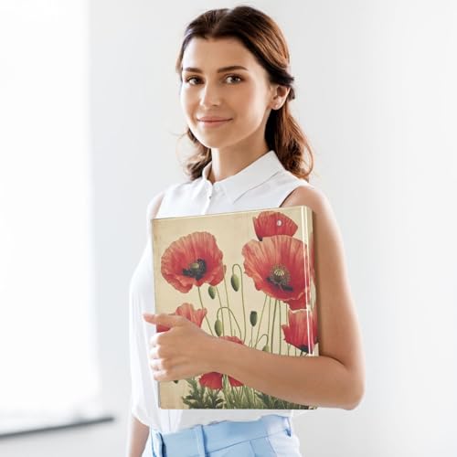 Image of 3 Ring Binder Red Poppy Flowers Vintage Poppies Floral 1.5 inch Binders Three Ring Binders with Clipboard Fit 8.5'' x 11'' Paper 3 Interior PVC Clear Pockets for Office Supplies