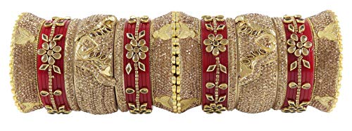 Image of NMII Traditional Gold Plated Acrylic Bangles Bridal Chuda Set For Women & Girls with Zircon Diamond & Pearls Beads Work | Royal Wedding Chudas | Premium Look | Bangles For Wedding, Festive, Function