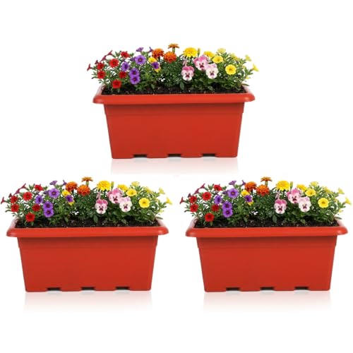 Image of Bonkaso 20 Inch Rectangular Planter, Set of 3 |UV Resistant Plastic Flower Pot for Balcony Railing, Window Sill & Terrace Garden | Rectangular Indoor & Outdoor Plant Pot, Terra Red