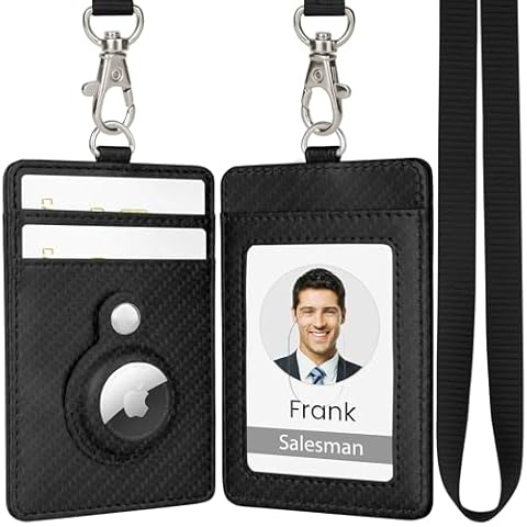 TALONITE Carbon Fiber AirTag Badge Holder, PU Leather ID Badge Holder with 1 Clear ID Window & 2 Credit Card Slot & 1 Detachable Neck Lanyard Cover