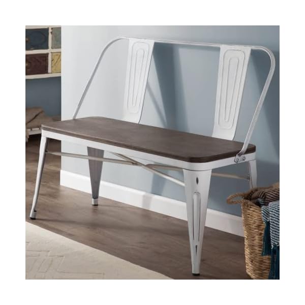 YOLENY Dining Bench, Entryway Bench with Back, Farmhouse Metal Dining Bench, Industrial Mid-Century 3 Person Rustic Spindle Bench, with Wood Seat, Removable Backrest, 42in, White