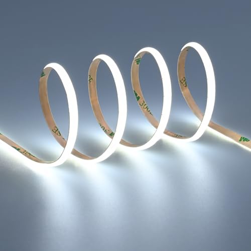 TOPAI 12V Narrow 4mm COB LED Strip Light 6000K Cool White 5M Flexible 3M Adhesive Tape, CRI90 400LEDs/M 7W/M Dotless High Density for Cabinet/Stairs/Shop DIY