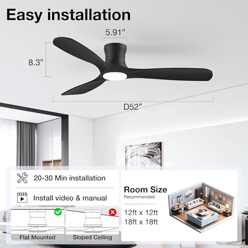 Image of 52In Low Profile Ceiling Fans with Lights,Flush Mount,Black,Outdoor Indoor | Wood,Quiet DC Motor,Hugger LED Remote Control Ceiling Fan for Modern Patio Bedroom Living Room,Dimmable,High CFM,3 Blade