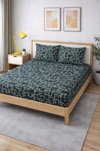 Image of 350 TC Premium Heavy Cotton Feel Elastic Fitted Bedsheet King Size with 2 Pillow Covers || Double Bed with All Around Elastic (Zik Zak, Fitted - 72 inchx78 inch King)