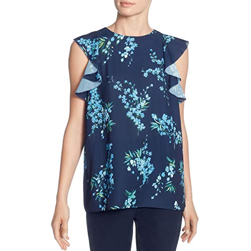 T Tahari Womens Floral Print Ruffled Top Navy L