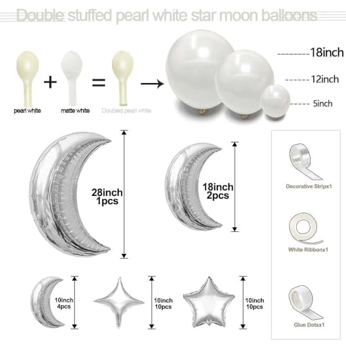 Image of White Balloons Arch Double Stuffed Pearl White Star Moon Balloon Garland Different Sizes Cream Ivory Balloons for Birthday Baptism Bridal Baby Shower Wedding Prom Galaxy Party Decor