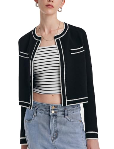 Image of GOELIA Women's Wool Casual Dressy Striped Cardigan Sweaters Crew Neck Button Up Cropped Blazer with Pockets
