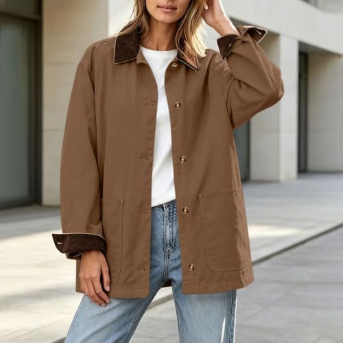 Womens Barn Jacket Corduroy Collar Cuffs Lightweight Button Front Pockets - image 3