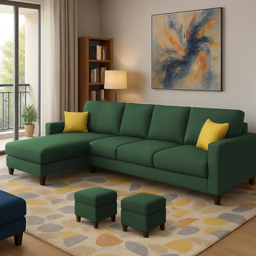 Image of Casaliving Rolando 6 Seater L Shape Sofa Set with 2 Puffy for Living Room (Green) Left Side Sofa Set for Living Room | Hall| Office Room
