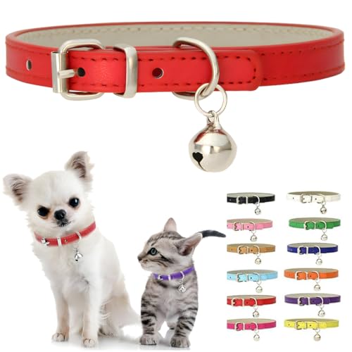 Collier rouge pour chat avec clochette, collier en cuir synthétique XXS pour petits chiens, collier souple avec clochette et boucle réglable pour petite...