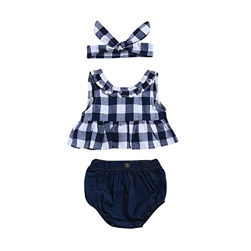 Youmymine Little Girls Summer Plaid Skirted T-Shirt Tops+Denim Shorts Casual Clothes Set (18-24Months, Dark Blue)