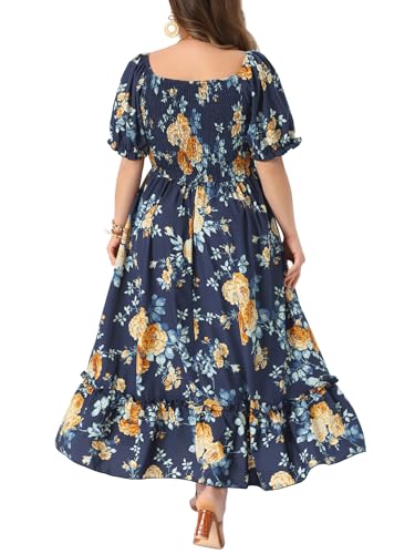 Image of Agnes Orinda Plus Size Dress for Women Short Sleeve Shirred Square Neck Floral Maxi Long Dresses